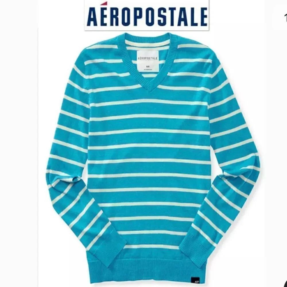 NWT VINTAGE Y2K Sz XL AEROPOSTALE BLUE WHITE STRIPED V NECK SWEATER 100% COTTON